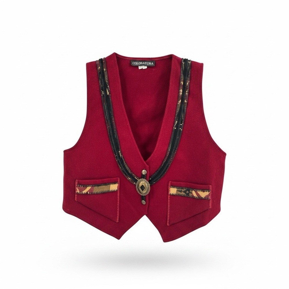 Coloratura Vest Womens M Red‎ 100% Wool Southwestern Conchos Pockets USA